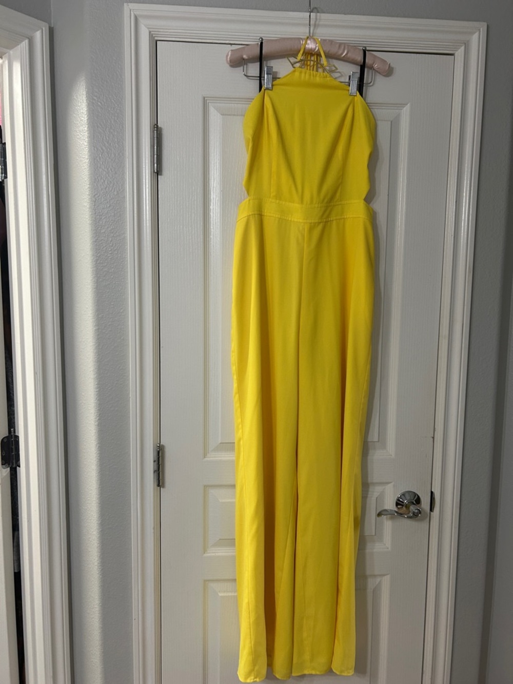 bebe Yellow Halter Boot-Cut Jumpsuit